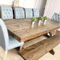 Custom Dining Table Farmhouse Country French Modern Rustic Solid Wood Set Restoration Hardware Insp Bench Hand Built Round Oval Counter Breakfast  