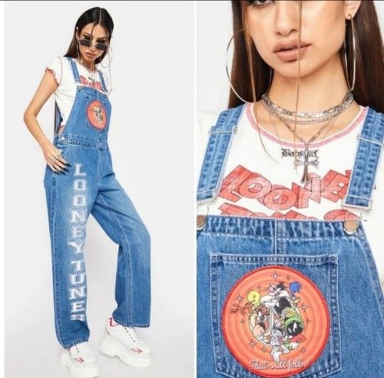 NWT Dolls Kill X Looney Tunes Logo Embroidered Pouch Denim Overalls.