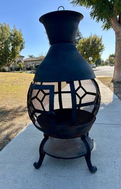 Outdoor Metal Cast Iron Chiminea Fire Pit w/Lid mesh screen cover