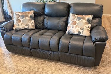 Navy Blue Faux Leather Couch and Recliner