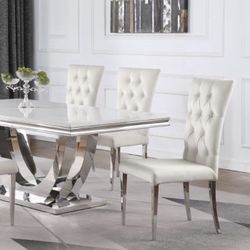 White Velvet And Chrome Chairs Faux Marble Dining Table 7 Piece Set Brand New In Box $1,850 Financing Available And I Also Take Afterpay