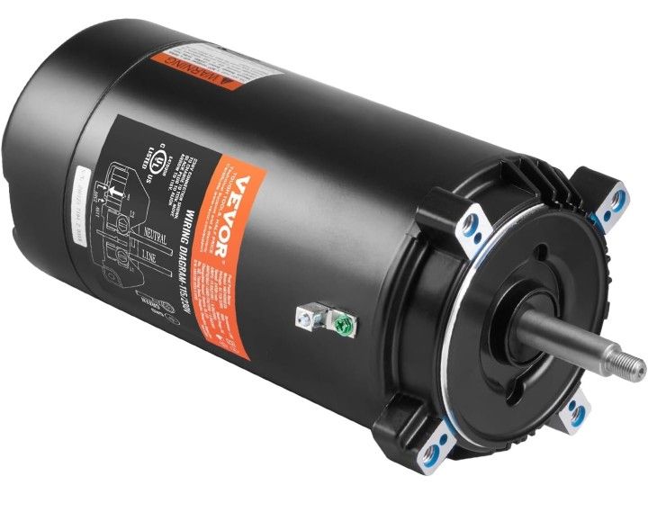 VEVOR 1.5 HP Pool Pump Motor, 56J Frame, 115V(13.6 Amps)/230V(6.8 Amps) 3450 RPM, 60Hz, 1.3 Service Factor, 90μF/250V Capacitor, CCW Rotation Round Fl