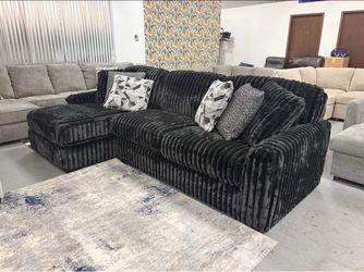 Black Ribbed Fabric Sectional Sofa with Chaise