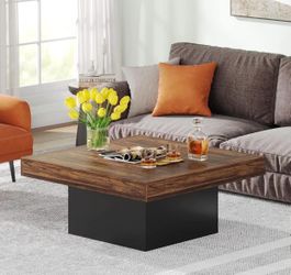 35.4-Inch Square Coffee Table with LED Light, Modern Wood Coffee Table, Large Center Table, Rustic Brown & Black