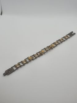 Unique Steel Blk/Gold/Blue Chain & Skull Bracelet
