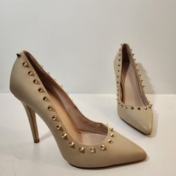 ALDO Beige Leather Pumps, Pointed Toe 4" Stiletto Heel, Gold Spikes, Size 6