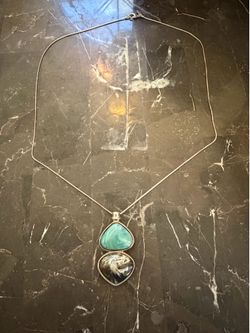 Coldwater Creek Double Teardrop Pendant Necklace Aqua Marbled Stones Silver Snake Chain