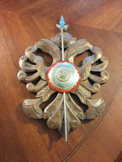 Vintage Carved Wood And Etched Brass Code Of Arms