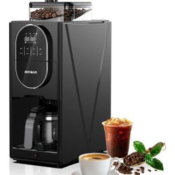 Coffee Maker with Grinder, Programmable Hot and Cold Coffee Maker with 22 oz Glass Carafe, Adjustable Fully Automatic grind and brew Coffee Machine wi