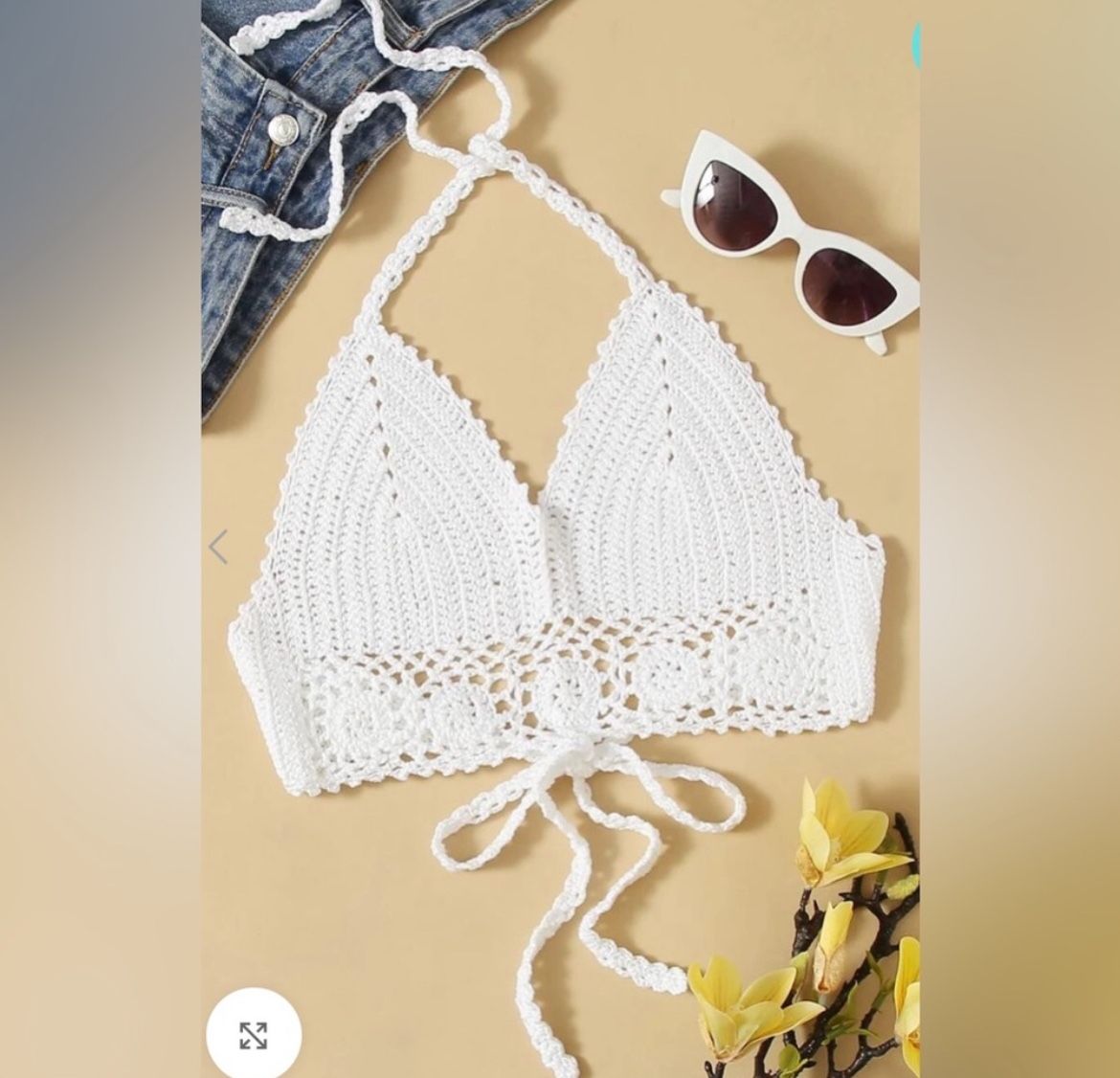 Crochet White Boho Summer Halter Top- small