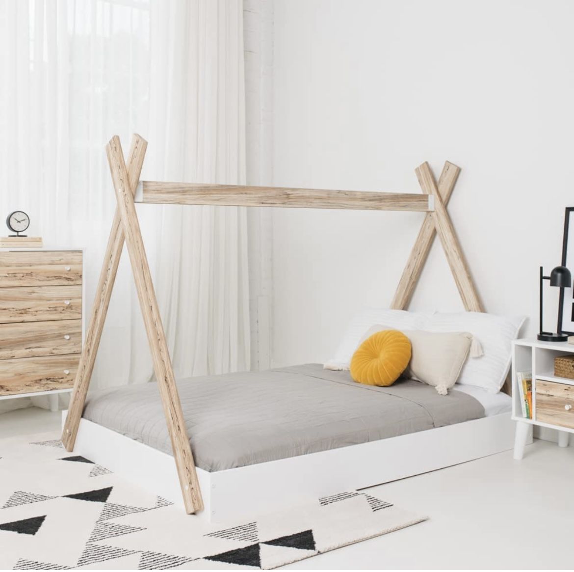 Signature Design by Ashley Piperton Tent Floor Bed Frame, Full, Natural Wood & White