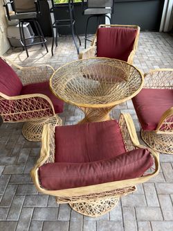 Vintage Wicker Patio Dining Set – 4 Swivel Chairs & Glass Table