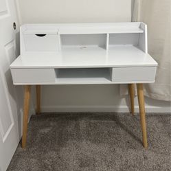 Stylish Desk with Solid Wood Leg White/Natural