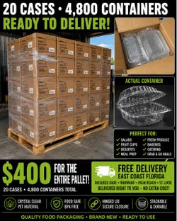Pallet $400 20 boxes 240 per box CLEAR PET HINGED CLAMSHELL CONTAINERS – PALLET DEAL Brand new, crystal-clear PET hinged clamshell containers. Perfec