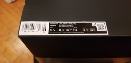 Air Jordan 6 Retro Black & Silver Size 9.5