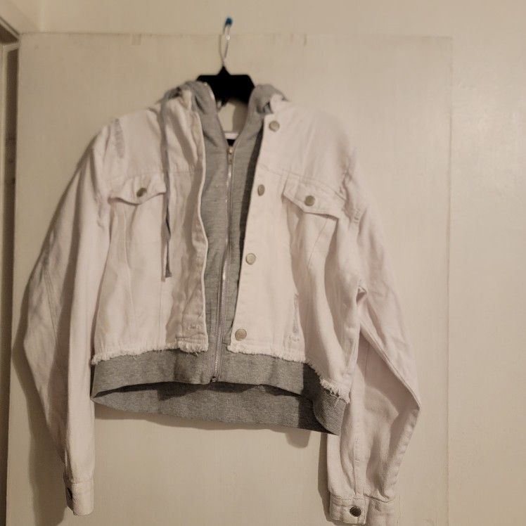 White Denim Distressed Hoodie Jacket New