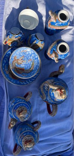 Vintage Japanese Blue Dragonware Moriage 18-Piece Tea Set – Lithophane Geisha – Flawless