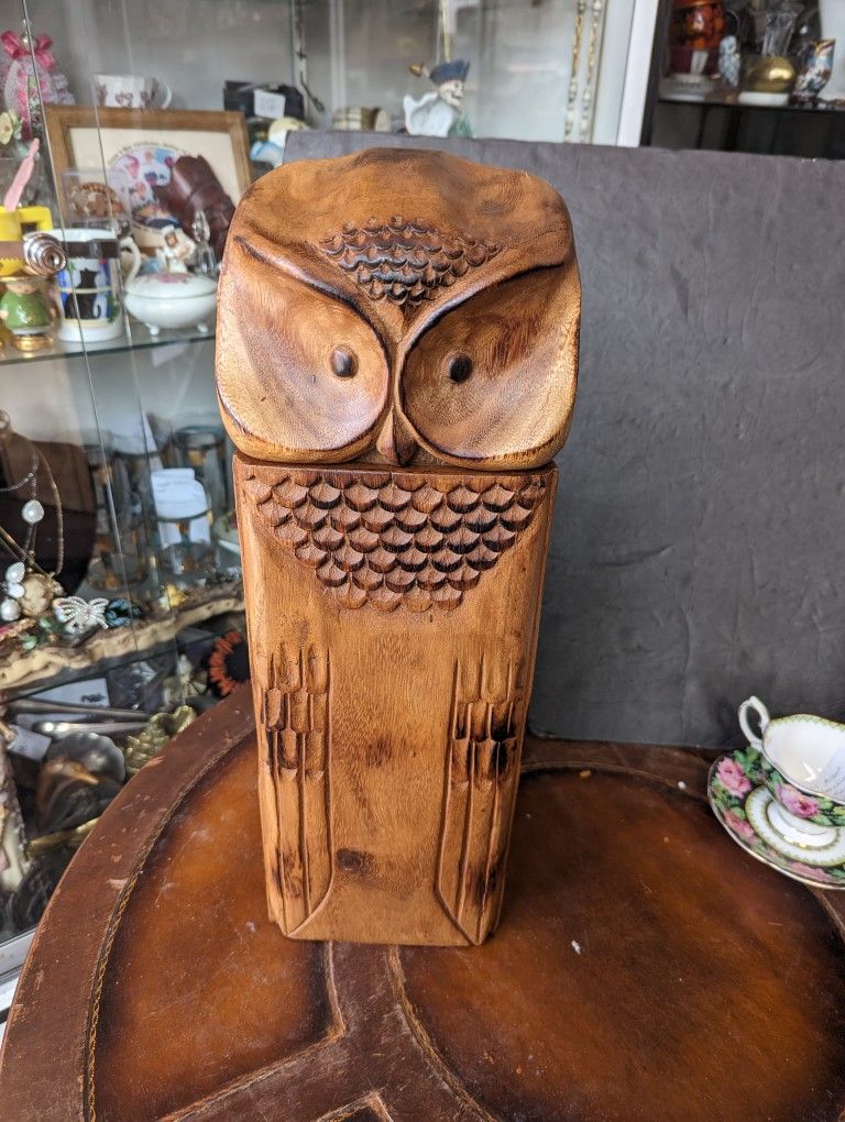 Large Wood Carved Owl Box Statue Home Decor 