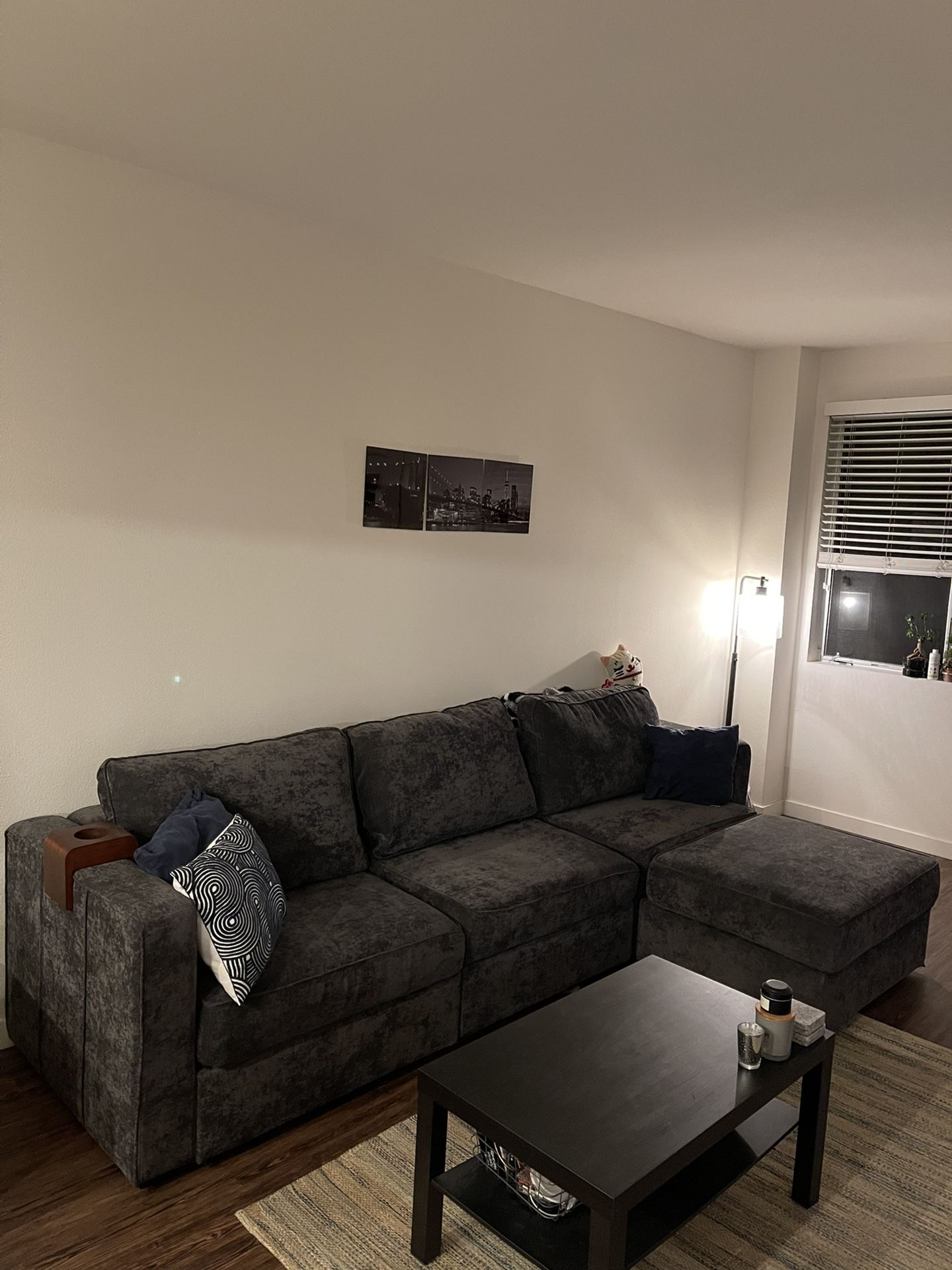 LoveSac Sactional Couch, 4 Seats, 5 Sides, Charcoal Grey Corded Velvet