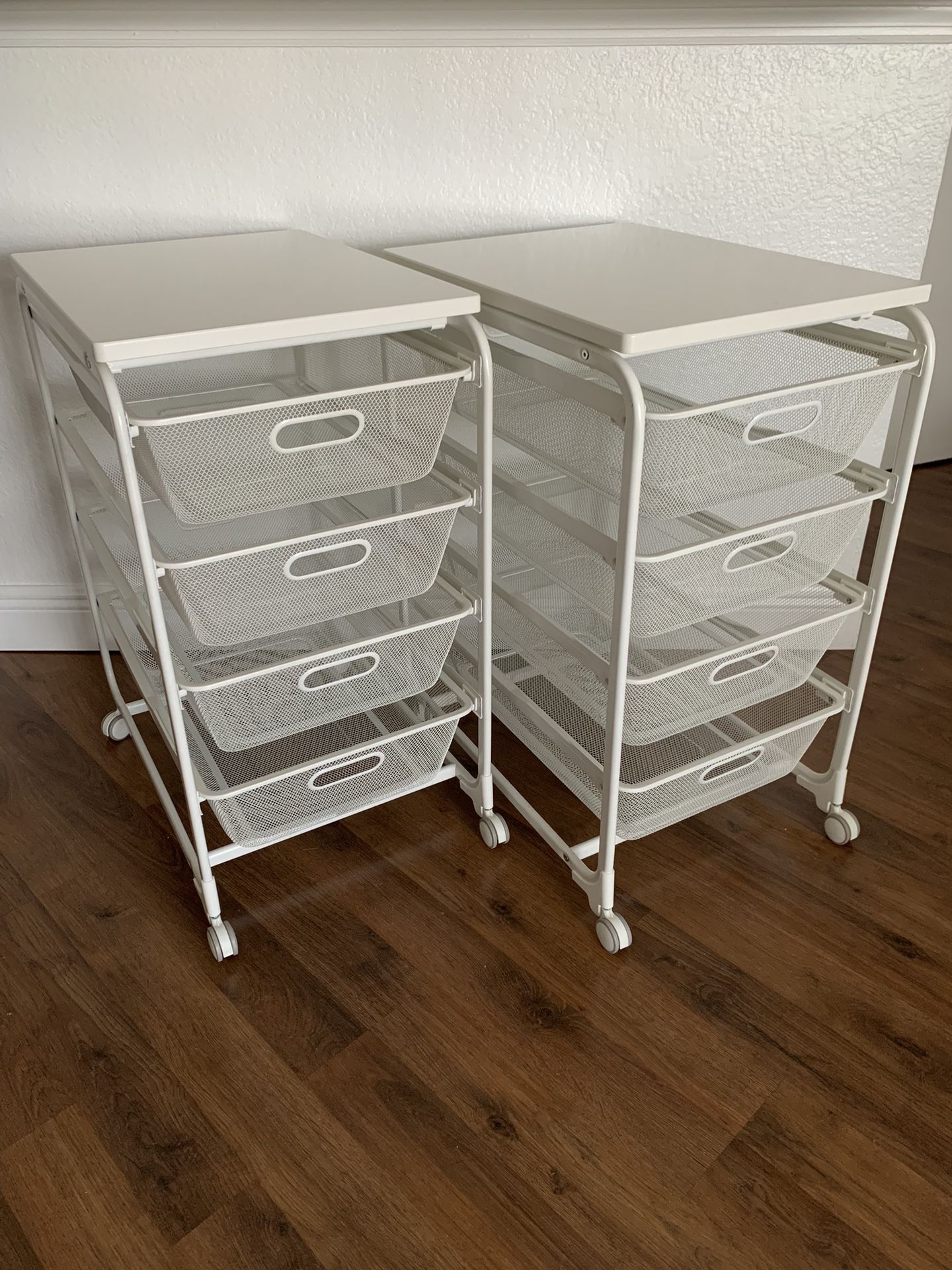 2-(two) Ikea ALGOT mesh drawers unit - metal frame and 4 metal basket with a bench top and wheels .