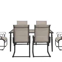 7-Piece Metal Outdoor Dining with Wood Finish Table, Rocking Chairs in Putty