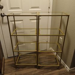 Pair Of Free Standing Gold And Glass Shelves 