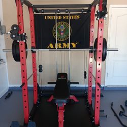 Power Rack With Cables, Bar, Weights And Adjustable Bench