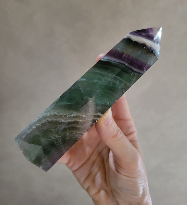 Purple Green Fluorite Crystal Tower Gemstone point 1.4 x 1.5 x 6" tall - 15 oz