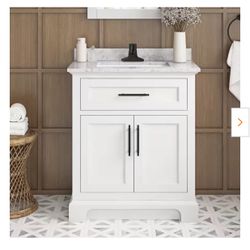 Doveton 30 in. Single Sink Freestanding White Bath Vanity with White Engineered Marble Top (Assembled) 