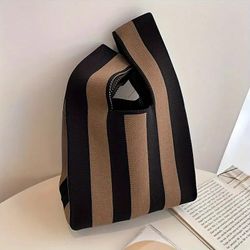 Korean‑Style Vertical Stripe Knit Handbag, Retro Black‑White Striped Wrist Bag, Minimalist Mini Tot