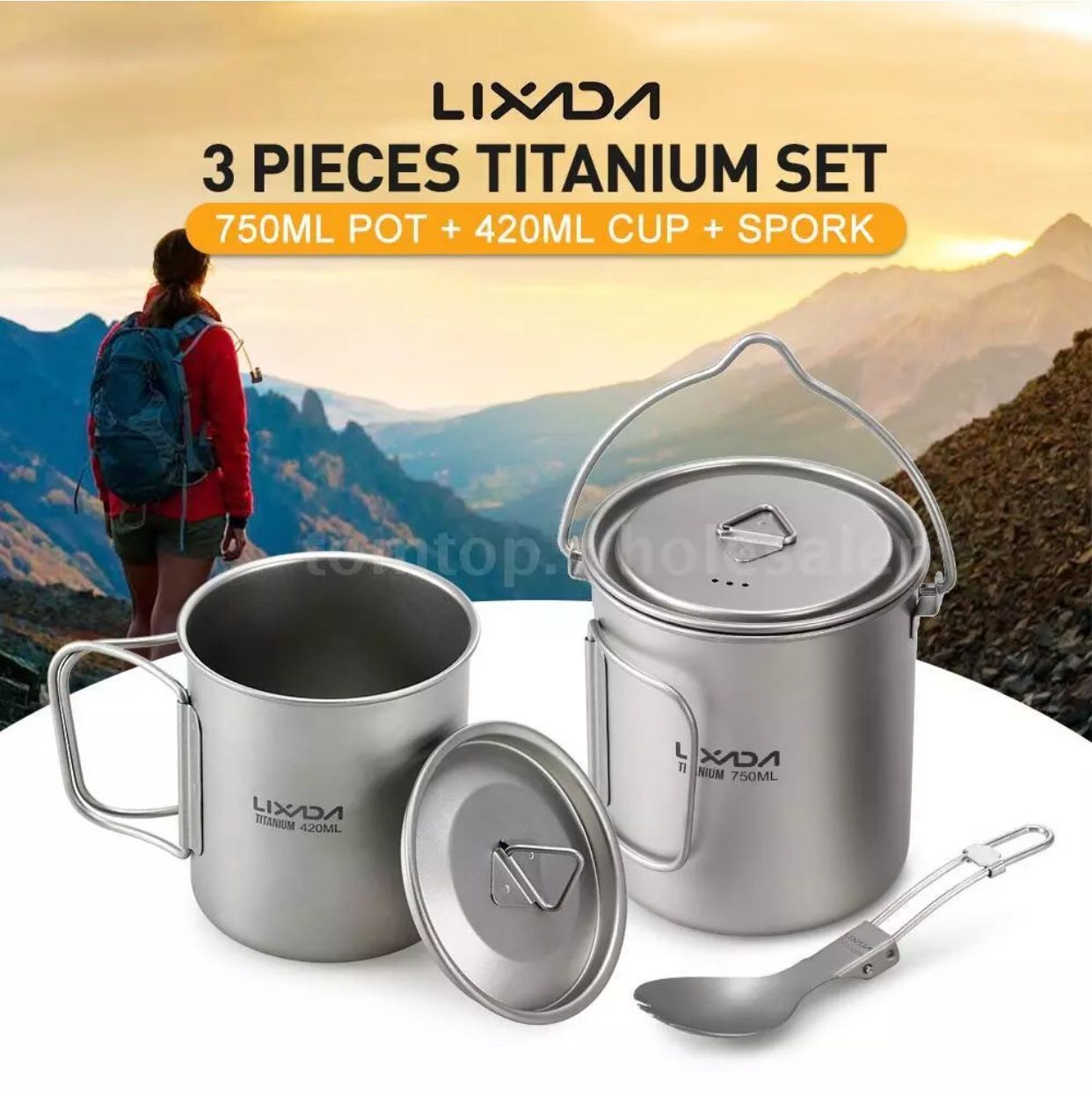 Lixada Titanium Cup/Pot/Spoon for Outdoor Camping Picnic Hiking Backpacking D9X0