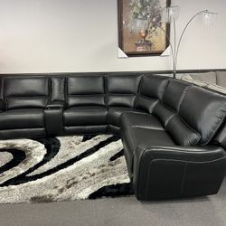 Black Premium Leather Sofa Sectional w/ 3x Power Recliners & Wireless Charger 