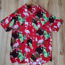 Nebraska Huskers Hawaiian Shirt Retro Pink Flamingo Mens Large Vintage