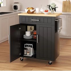 Kitchen Island cart with Storage, Portable Bar Cabinet on Wheels, Rolling Microwave Cart Side Table with Workstation for Kitchen, Dinning Room, Black