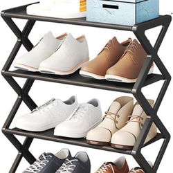 Foldable Shoe Rack, Thicken Plastic Material Space Saving and Adjustable 4 Tier Collapsible Shoe Storage for Entryway Closet and Hallway(Black) (Black