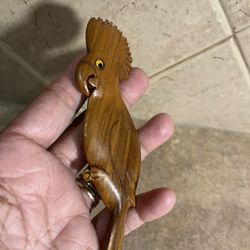 Hand Carved Wooden Tropical Cocktail Bird Brooch Pin
