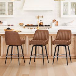 3X Brown 26” swivel faux leather barstools