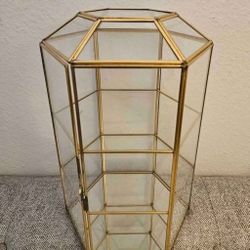 Vintage Brass and Glass Hexagon Small Curio Cabinet for Miniatures 11. 75 "