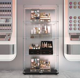4-Tier Glass Display Cabinet with LED Lighting, 2-Door Floor Standing Curio Cabinet with Universal Wheel