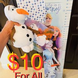 $10 For All Disney Canvas wall mounted Kids Measure,Disney Olaf plush,Book,stickers like new