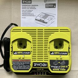 RYOBI. ONE+ 18V Dual-Port Simultaneous Charger.