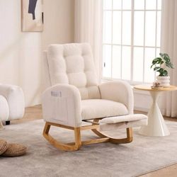 Cream White Teddy Accent Arm Chair Plush Rocking Chair with Footrest High-Back G