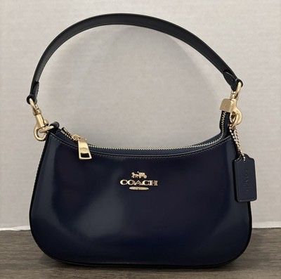 Coach Teri Shoulder Bag Leather Navy Blue Gold Hardware