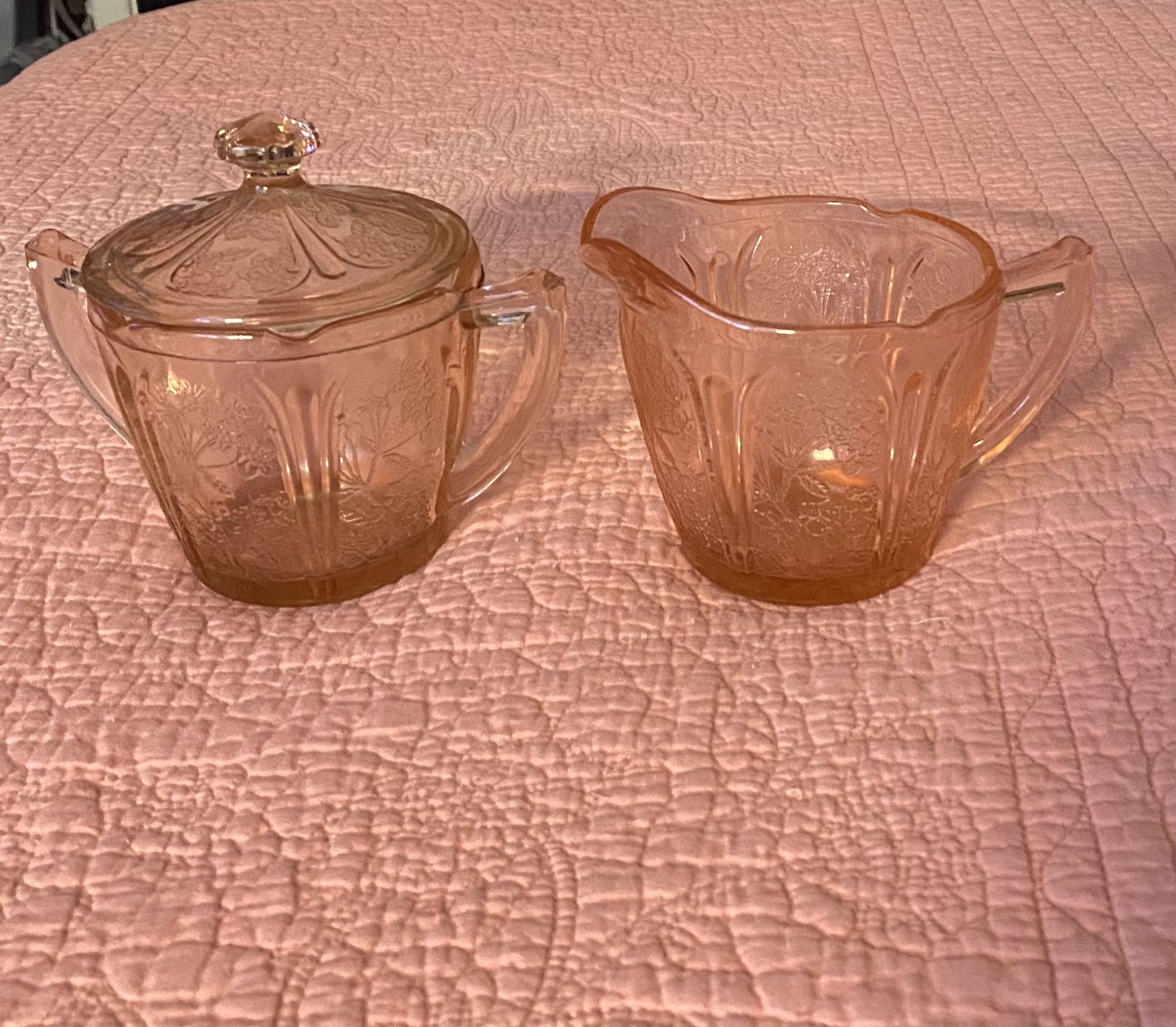 Vintage 1930’s Pink Glass Creamer and Sugar Set. Cherry Blossom pattern