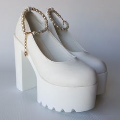 MEILANYA White Chunky Platform Sole Block High Heel Rhinestone Strappy Buckle 38 US 7.5