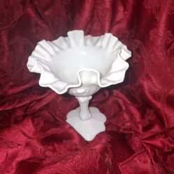 Vintage Fenton Milk Glass Small Pedestal Bowl Comport Compot Ruffled Rose Design