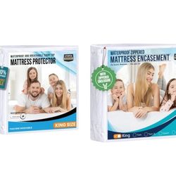 1 King-Size White Waterproof Zippered Mattress Encasement & 1 KingSize Protector