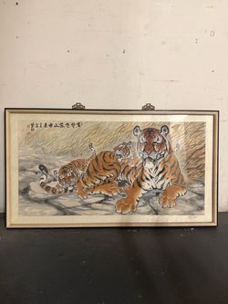 Vintage Korean water painting with wooden frame and bronze hangers.