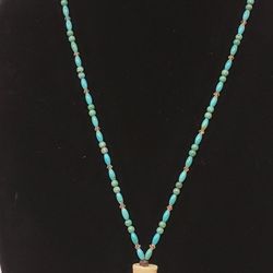Vintage Tribal Carved Unknown Material Pendant On Faux Turquoise Necklace 32"