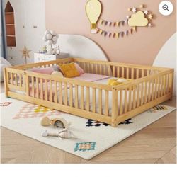 Bellemave Queen Size Floor Bed Frame with Slats and Safety Guardrail, Wood Queen Size Montessori Floor Bed with Door and Fence, Easy Assemble Montesso